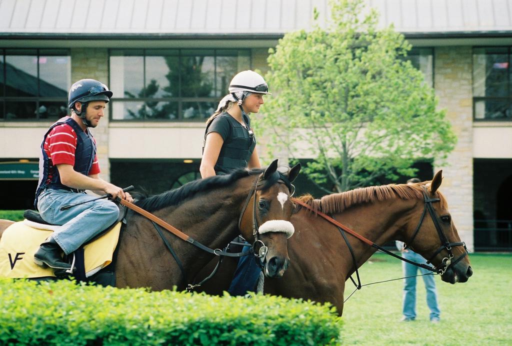Barbaro, with assistant trainer Peter Brette aboard, schooling in the Keeneland paddock. (Carrie Curry photo)
